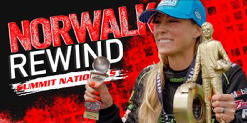 Stylized image of NHRA driver, with text reading Norwalk rewind.
