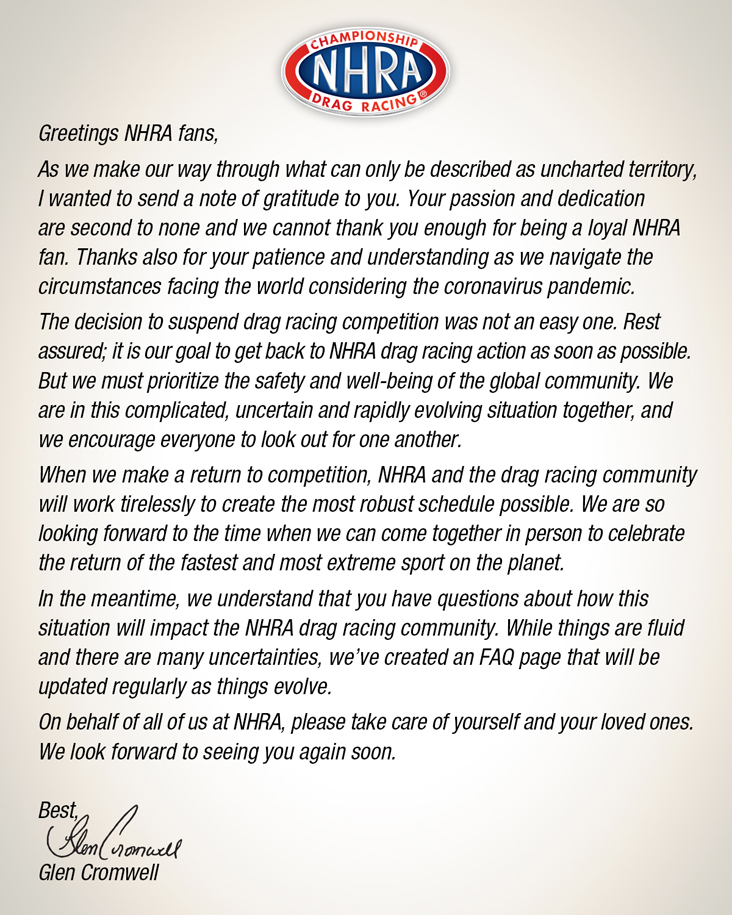 Letter to NHRA fans from NHRA President Glen Cromwell NHRA