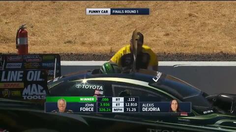 NHRA's Alexis DeJoria hits the wall in Sonoma