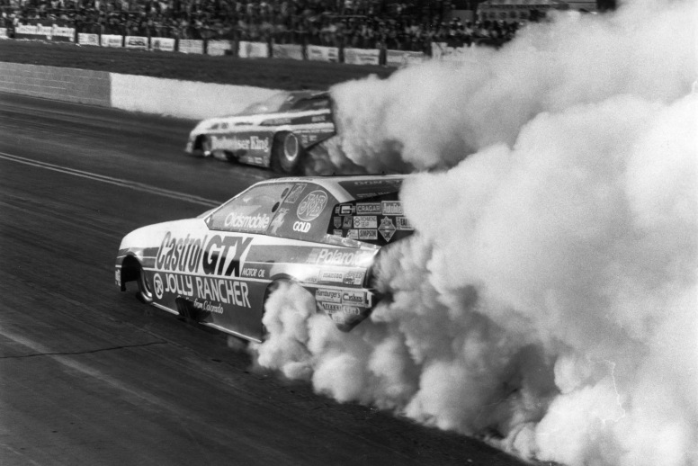 Two of Funny Car's finest, John Force and Kenny Bernstein, put on a show for the fans at the 1987 Southern Nationals