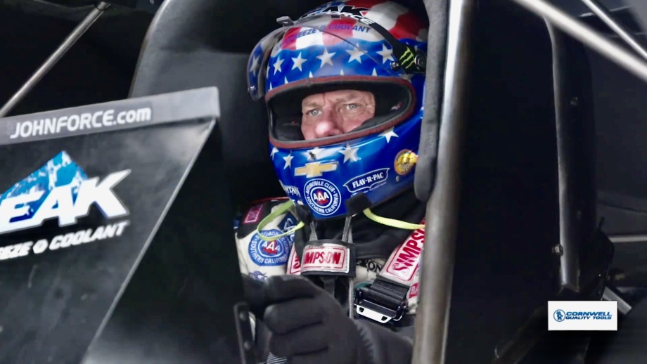 John Force spends his time between rounds on the practice tree