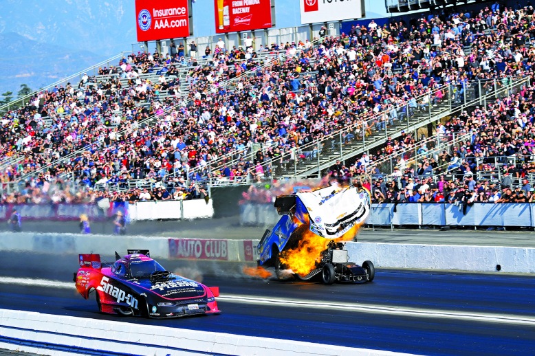 The 2022 season ended with a bang for 16-time world champ John Force when he blew the body off of his Peak Camaro Funny Car at the Auto Club NHRA Finals. (Bob Johnson photo)