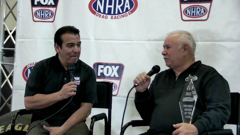 Frank Manzo accepts Mike Castellana's National Dragster All-Star Team Pro Mod Driver of the Year