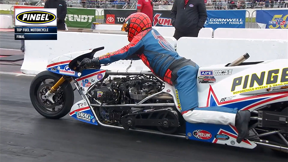 Spiderman' McBride wins Pingel Top Fuel Motorcycle again, clinches