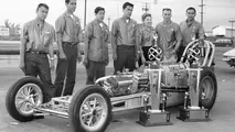 Roland Leong, third from left, first came to NHRA prominence as the car owner when Danny Ongais won Top Gas at the 1964 Winternationals in Leong's dragster
