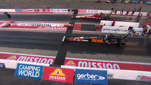 TJ Zizzo is the low qualifier Friday in Top Fuel at the Gerber Collision Route 66 NHRA Nationals