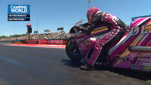 Angie Smith is the No. 1 qualifier in Pro Stock Motorcycle on Friday of the NHRA Potomac Nationals