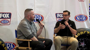 Lake Speed Jr. on the NHRA on FOX stage at the 2021 PRI Show