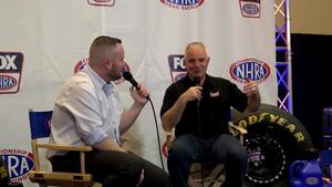 Tim Wilkerson on the NHRA on FOX stage at the 2021 PRI Show