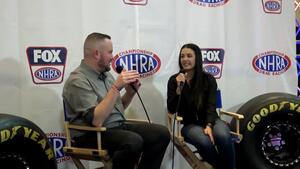 Alex Taylor on the NHRA on FOX stage at the 2021 PRI Show