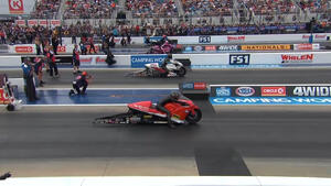 Steve Johnson is the No. 1 Pro Stock Motorcycle qualifier on Friday of the 2022 Circle K NHRA Four-Wide Nationals