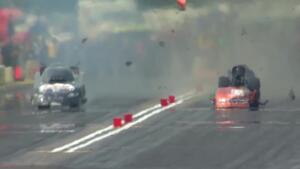 Dale Creasy Jr. blows the body off his Funny Car at the Lucas Oil NHRA Nationals in Brainerd