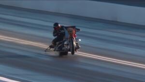 Unbelievable save by Top Fuel Harley rider Mike Pelrine during qualifying