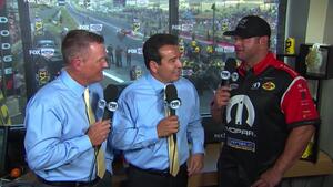 Matt Hagan in the NHRA on FOX TV booth with Dave Rieff and Tony Pedregon