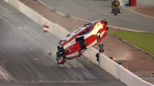 Pro Mod points leader Kris Thorne crashes in round one in Las Vegas
